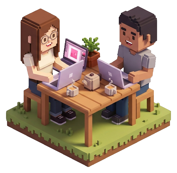 Voxel scene: Misbah and a friend having chai over their laptops.