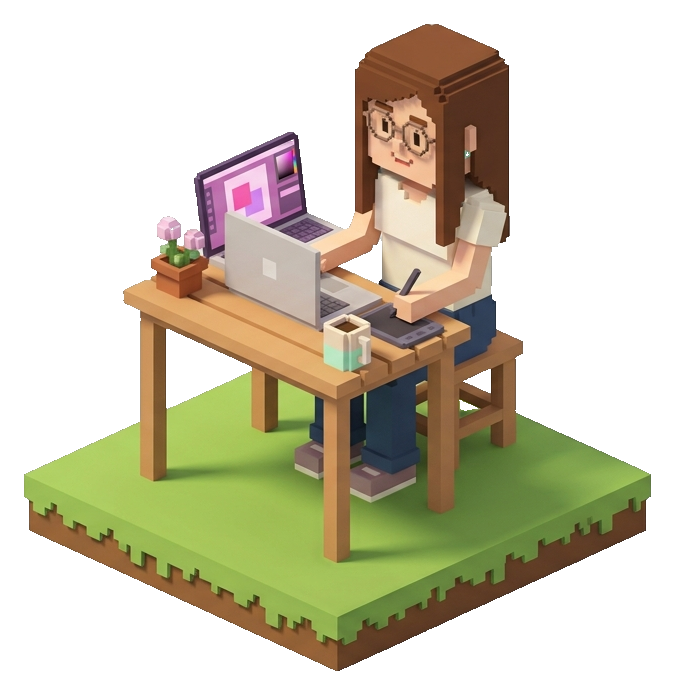 Voxel illustration of Misbah at her desk